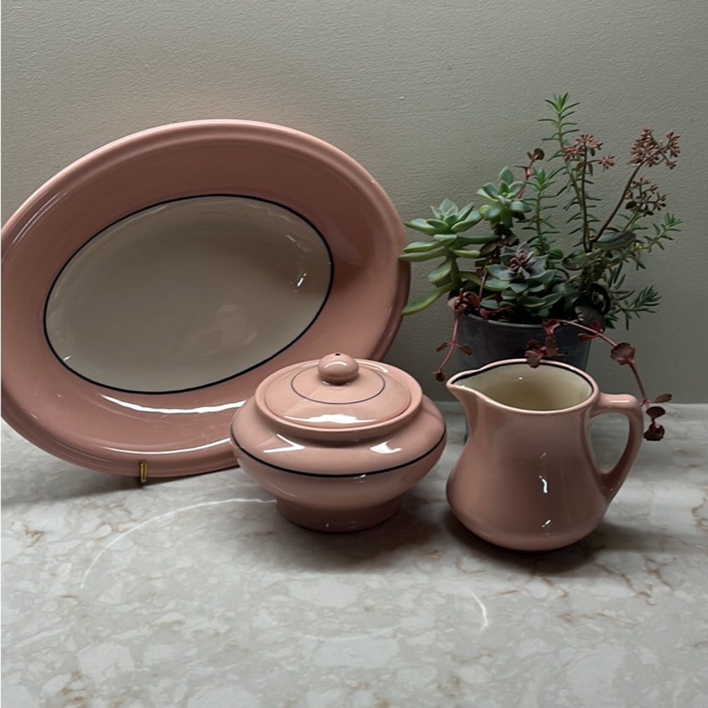 Vintage Buffalo China Oval Bowl with Sugar & Creamer Set